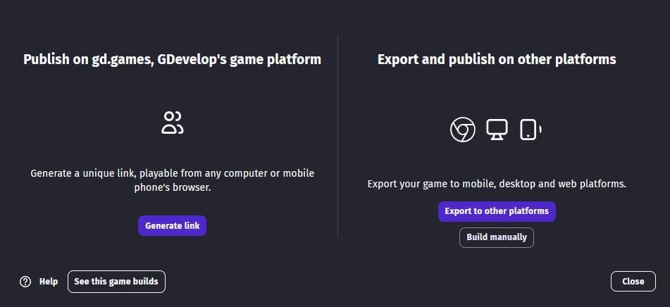 Export Options for GDevelop. 