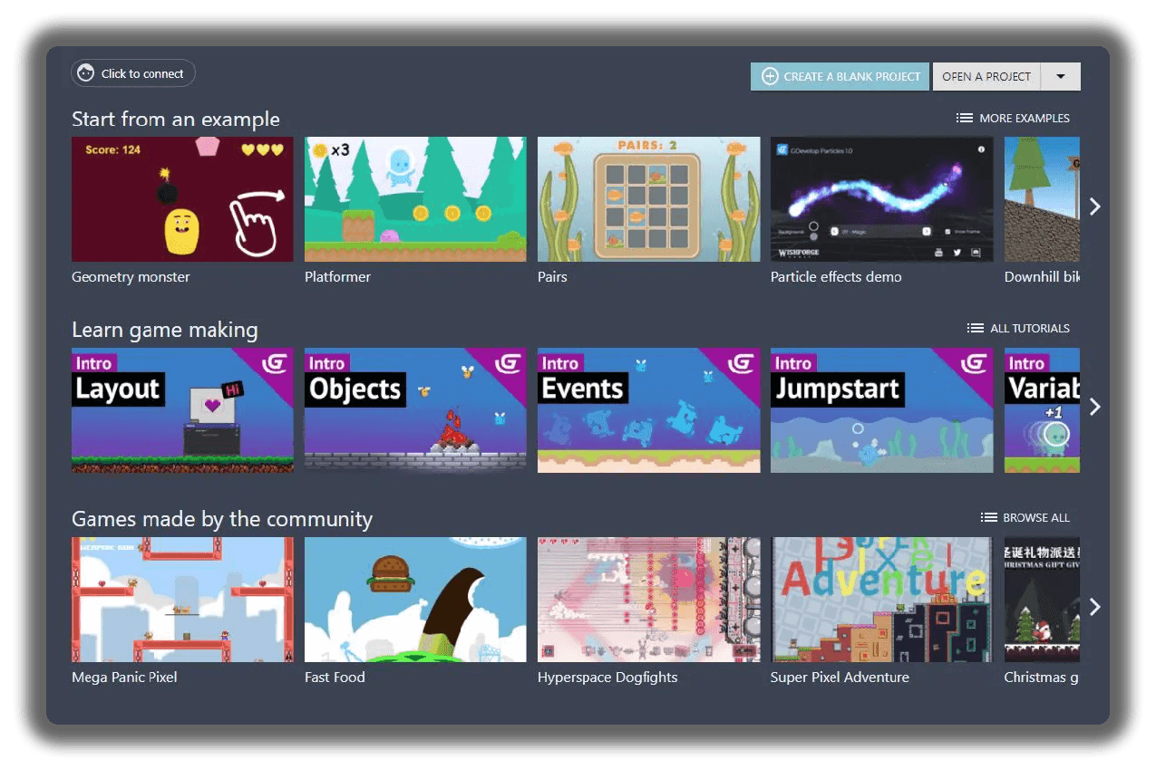 GDevelop では、170 を超えるサンプル プロジェクトから選択することもできます。
