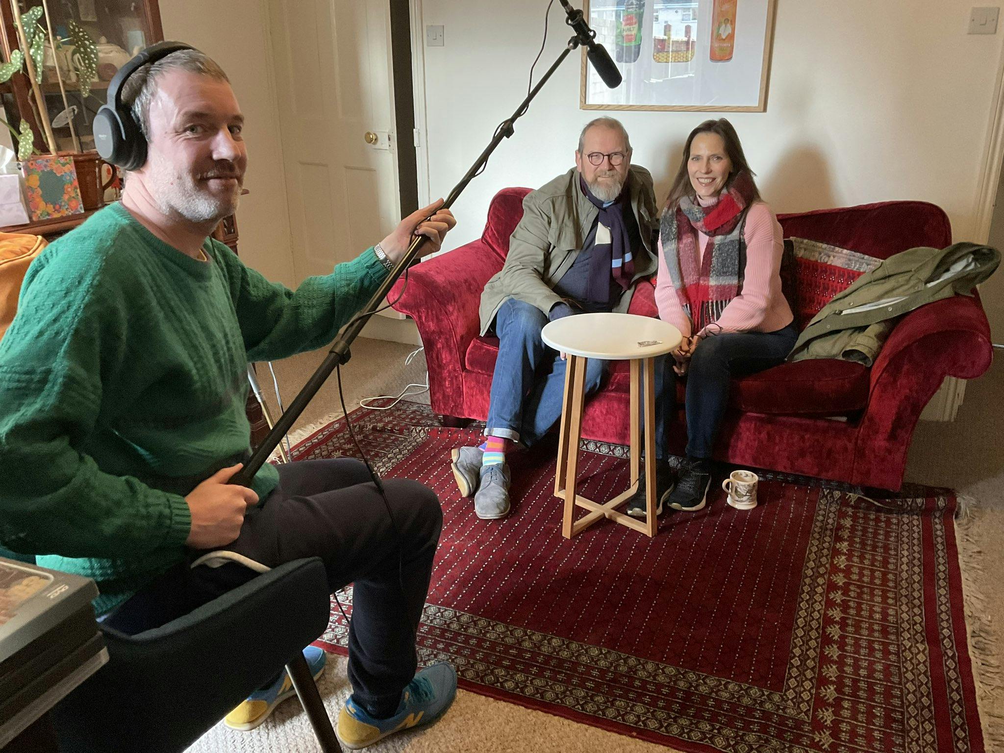 Andy Round recording voices with Claire Worboys and Johnathan Derby.