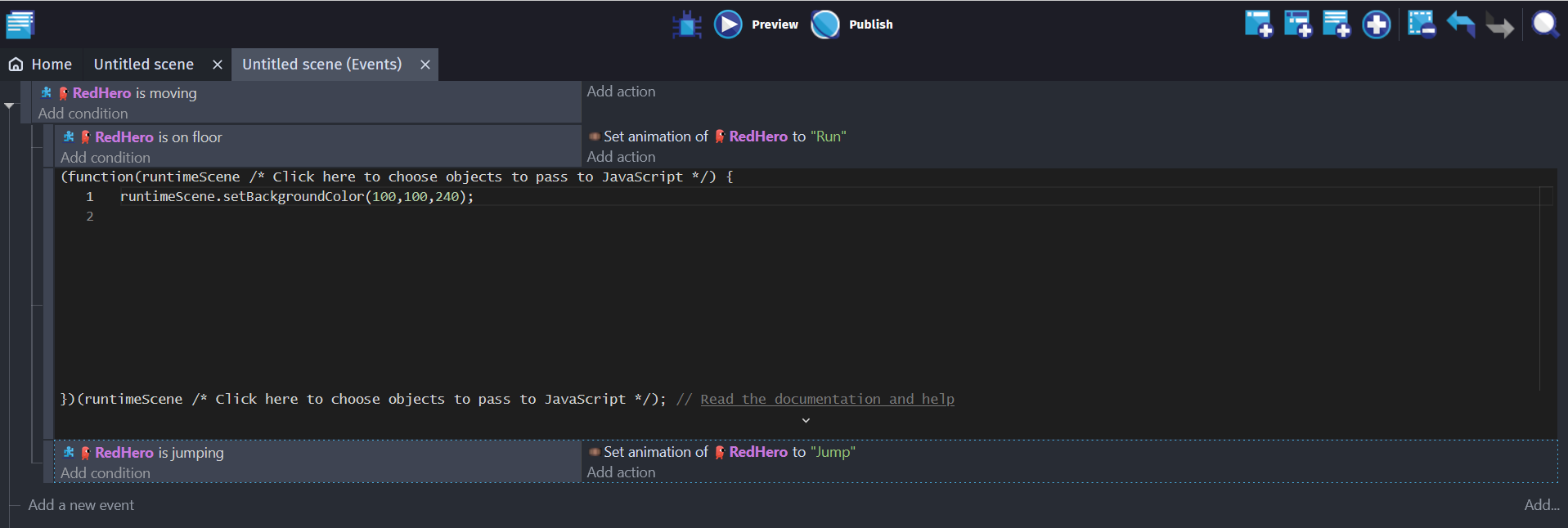 Adding JavaScript to the GDevelop event sheet.