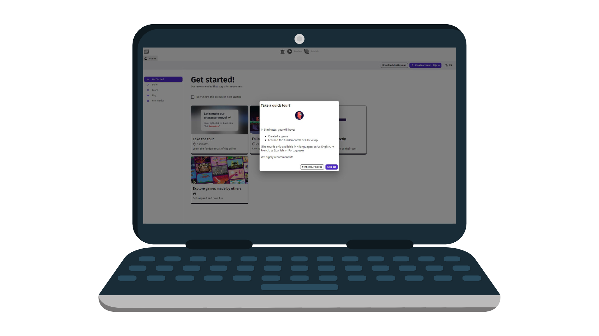 You can easily get started with the GDevelop web editor. 